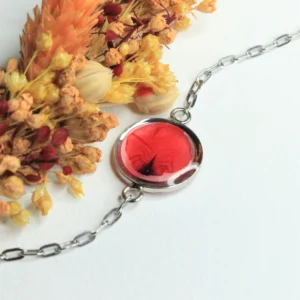 Bracelet argenté fleur rouge